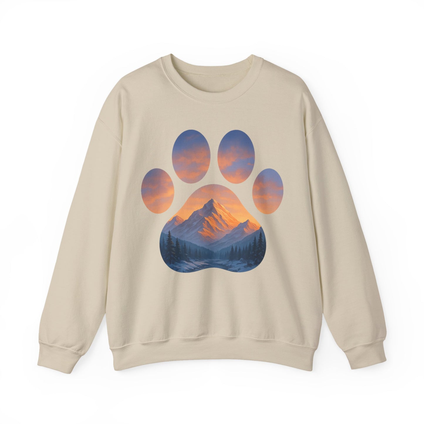 Mountain Sunset Paw Print Sweatshirt | Cozy Unisex Crewneck for Dog Lovers, Nature Enthusiasts, Gifts, Casual Wear, Animal Themes