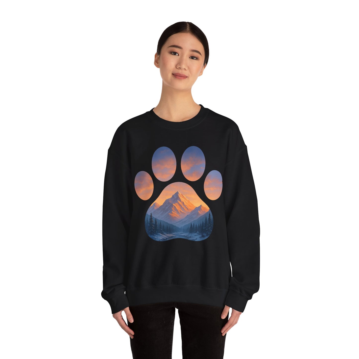 Mountain Sunset Paw Print Sweatshirt | Cozy Unisex Crewneck for Dog Lovers, Nature Enthusiasts, Gifts, Casual Wear, Animal Themes