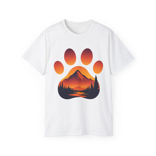 Mountain Sunset Paw Print Tee, Perfect for Dog Lovers, Gifts for Pet Owners, Nature Lovers, Hiking Apparel, Casual Wear