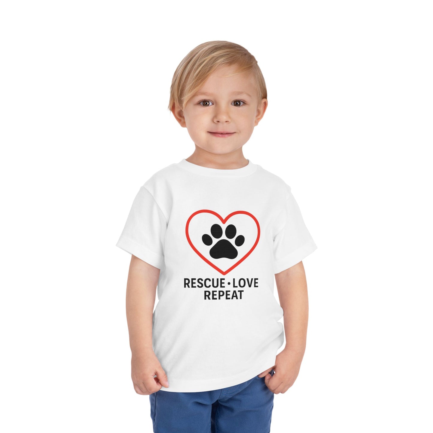 Rescue Love Repeat Toddler Tee, Kids Animal Lover Shirt, Adoption Support T-Shirt, Perfect Gift for Pet Lovers, Heart Paw Print Tee