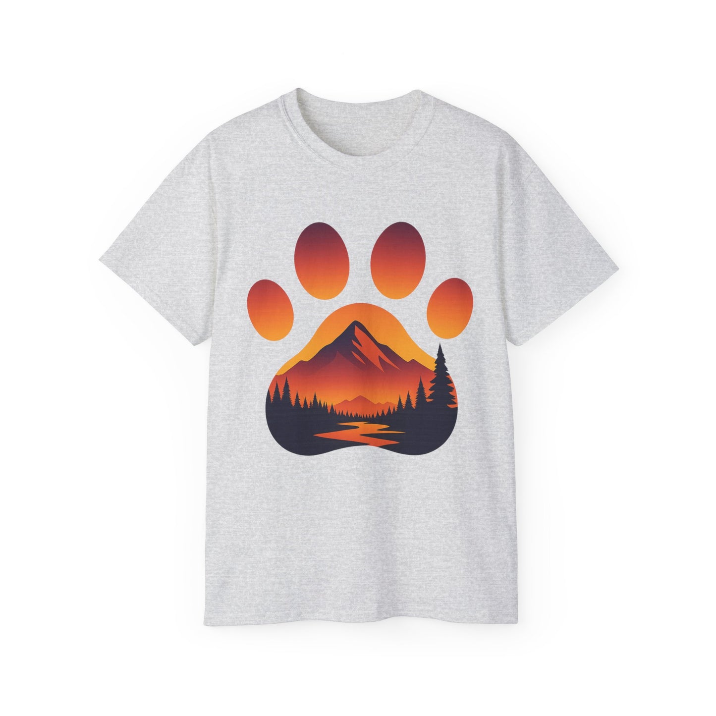 Mountain Sunset Paw Print Tee, Perfect for Dog Lovers, Gifts for Pet Owners, Nature Lovers, Hiking Apparel, Casual Wear