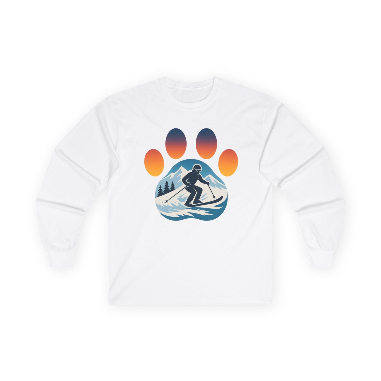 Sunset Skiing Graphic Long Sleeve Tee, Unisex Cotton Shirt, Outdoor Adventure Apparel, Winter Sports Gift, Nature Lover Clothing