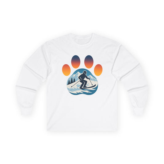 Sunset Skiing Graphic Long Sleeve Tee, Unisex Cotton Shirt, Outdoor Adventure Apparel, Winter Sports Gift, Nature Lover Clothing