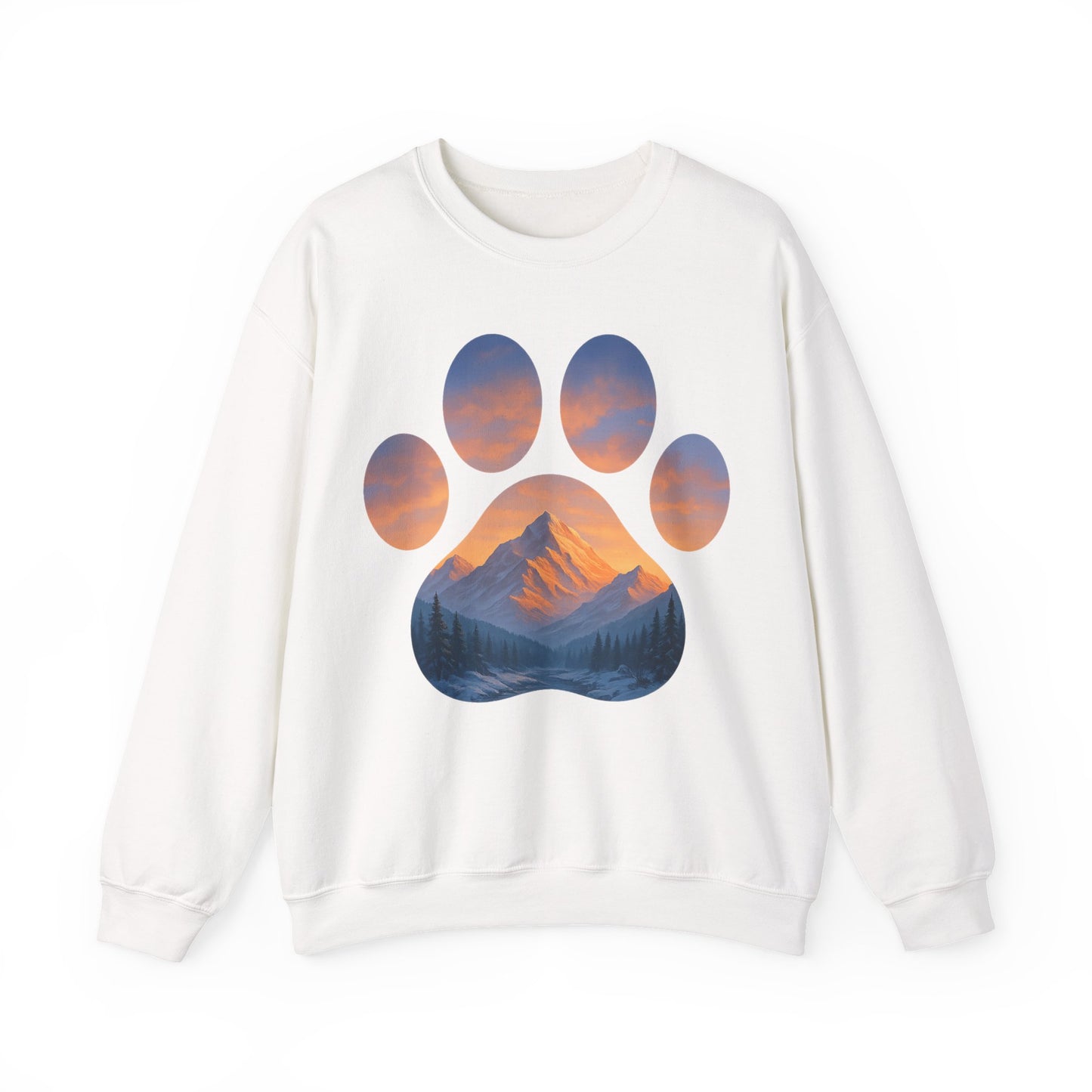Mountain Sunset Paw Print Sweatshirt | Cozy Unisex Crewneck for Dog Lovers, Nature Enthusiasts, Gifts, Casual Wear, Animal Themes