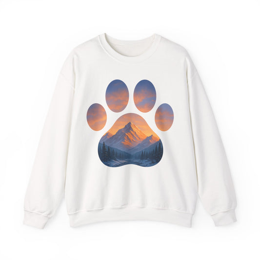 Mountain Sunset Paw Print Sweatshirt | Cozy Unisex Crewneck for Dog Lovers, Nature Enthusiasts, Gifts, Casual Wear, Animal Themes