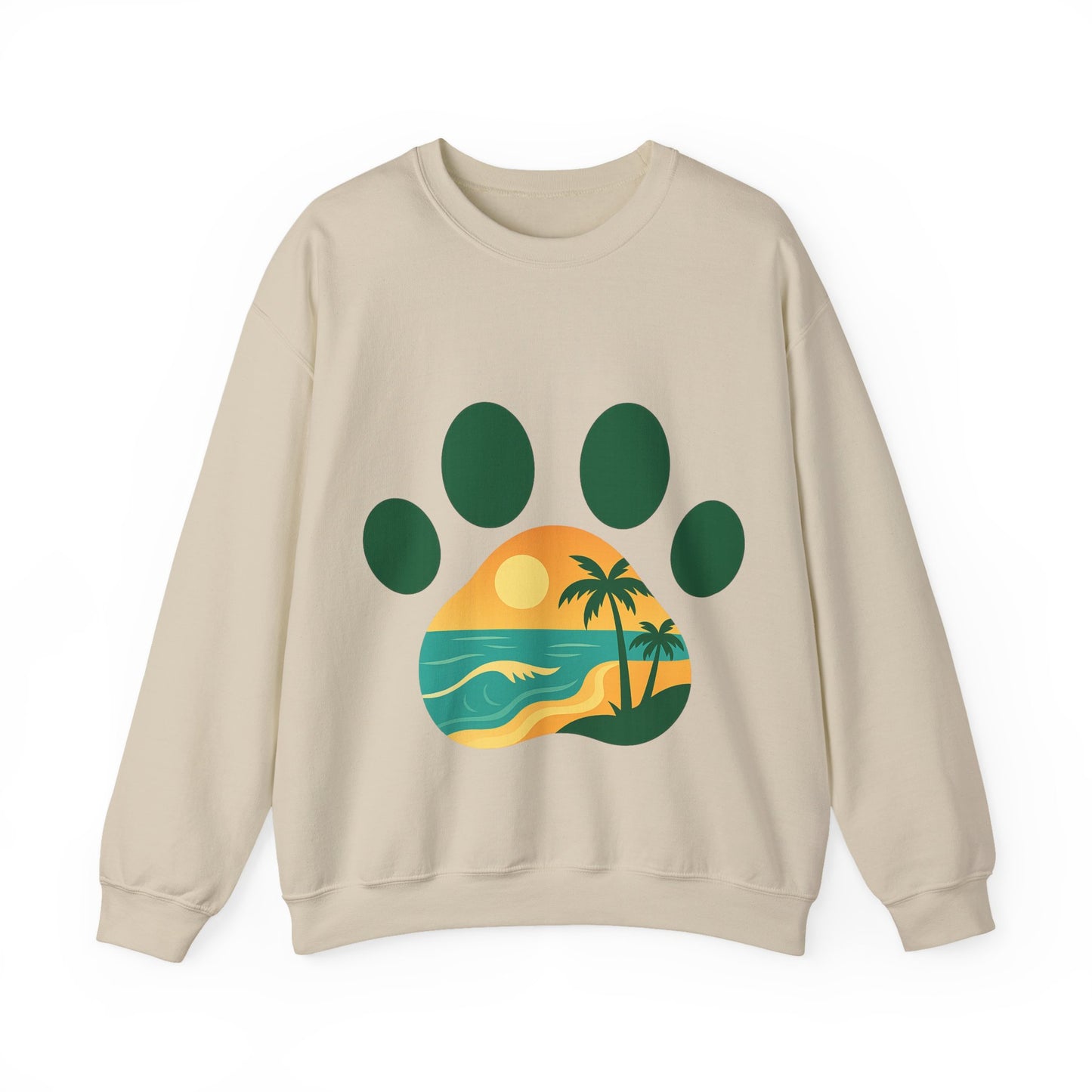 Beach Sunset Paw Print Sweatshirt, Cozy Animal Lover Crewneck, Gift for Pet Owners, Perfect for Casual Outings, Nature-Inspired Apparel