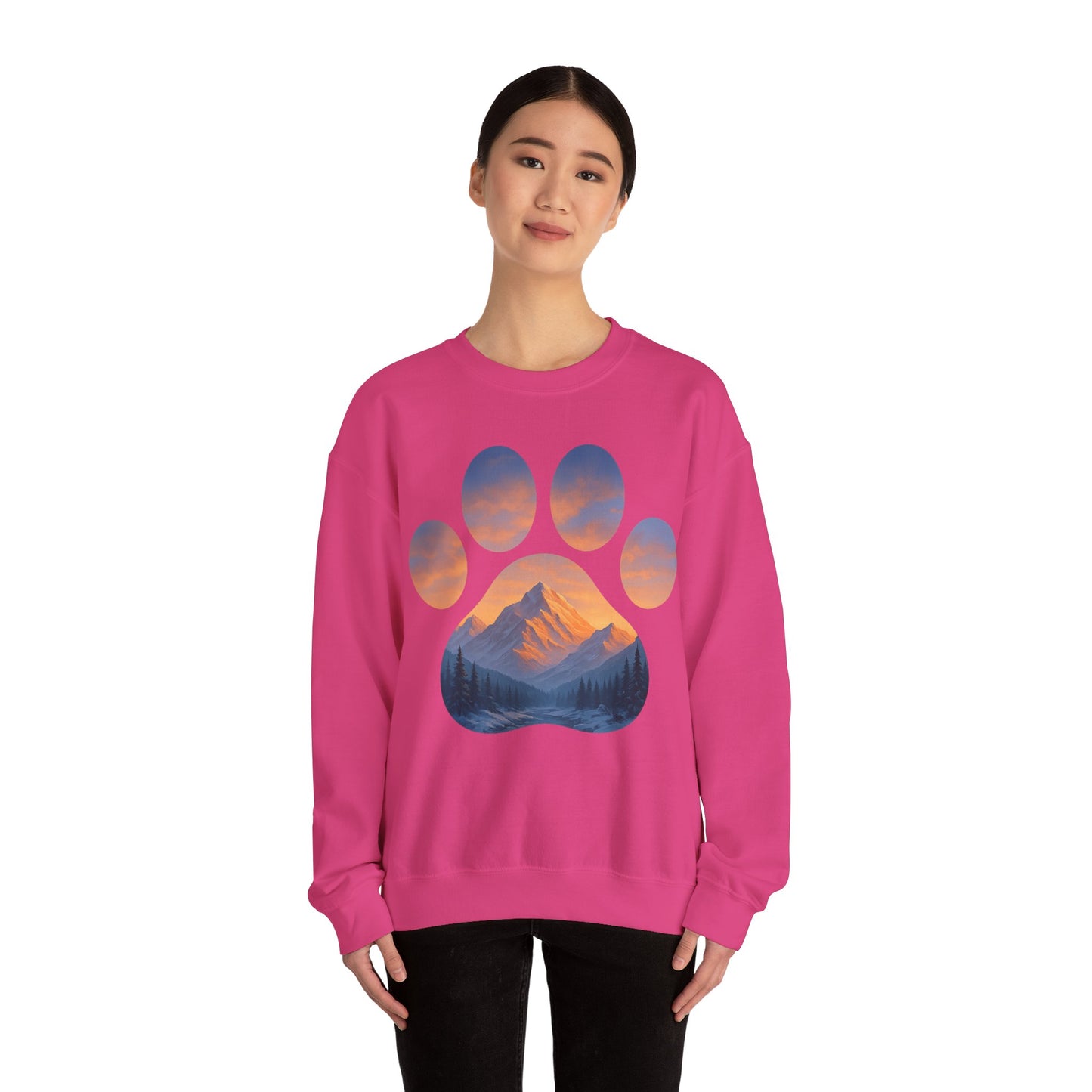 Mountain Sunset Paw Print Sweatshirt | Cozy Unisex Crewneck for Dog Lovers, Nature Enthusiasts, Gifts, Casual Wear, Animal Themes