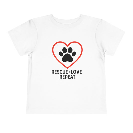 Rescue Love Repeat Toddler Tee, Kids Animal Lover Shirt, Adoption Support T-Shirt, Perfect Gift for Pet Lovers, Heart Paw Print Tee