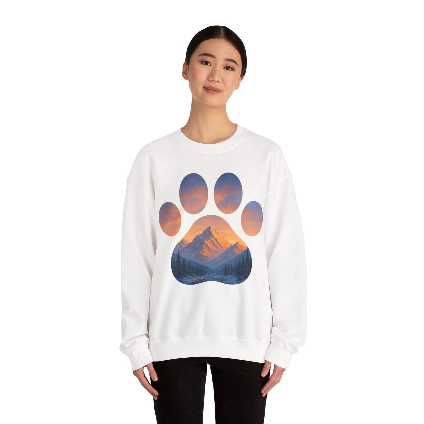 Mountain Sunset Paw Print Sweatshirt | Cozy Unisex Crewneck for Dog Lovers, Nature Enthusiasts, Gifts, Casual Wear, Animal Themes