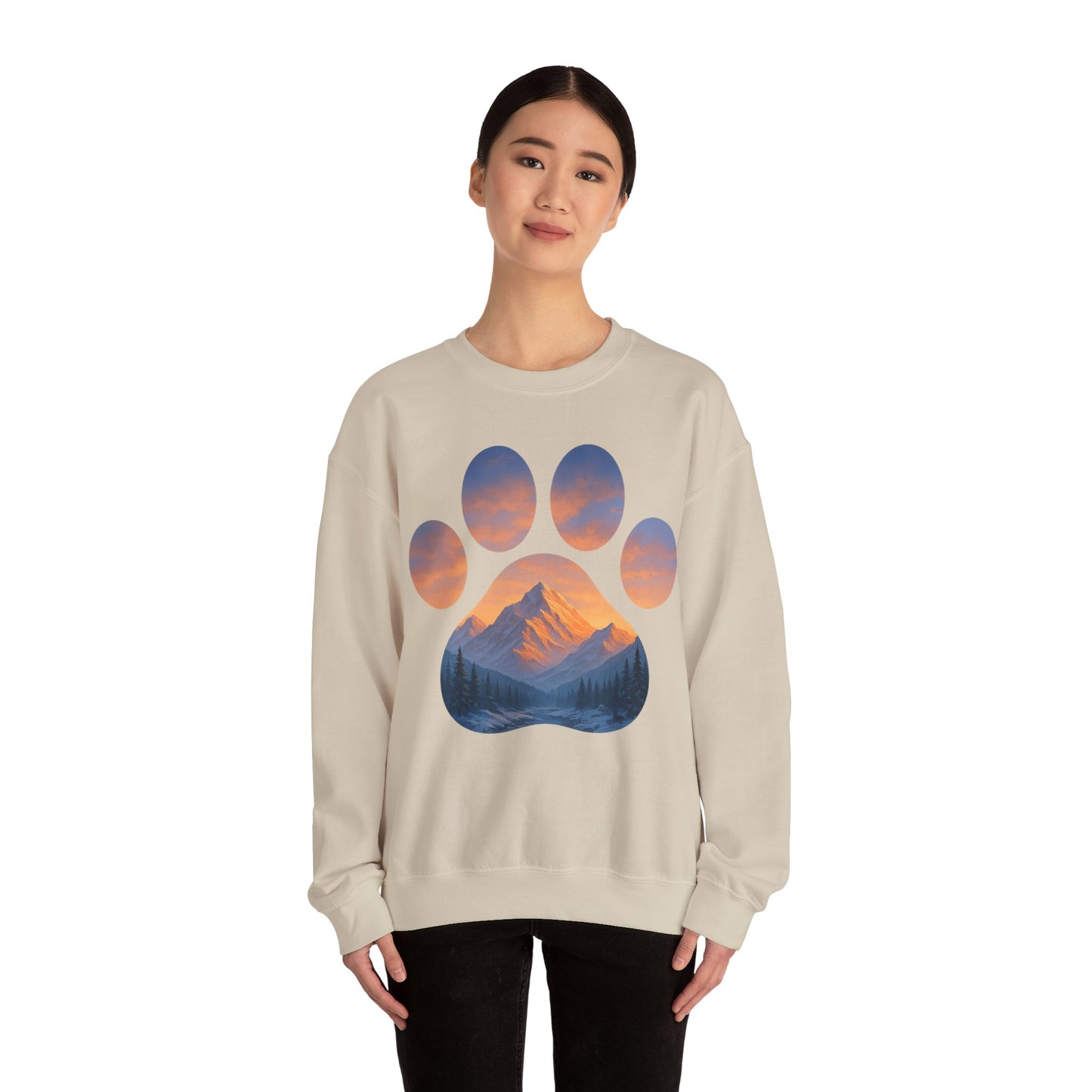 Mountain Sunset Paw Print Sweatshirt | Cozy Unisex Crewneck for Dog Lovers, Nature Enthusiasts, Gifts, Casual Wear, Animal Themes