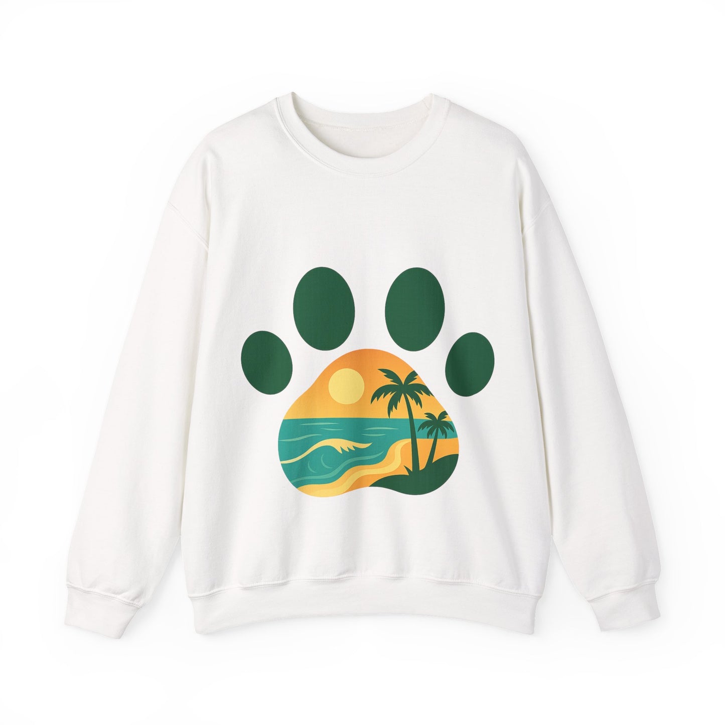 Beach Sunset Paw Print Sweatshirt, Cozy Animal Lover Crewneck, Gift for Pet Owners, Perfect for Casual Outings, Nature-Inspired Apparel
