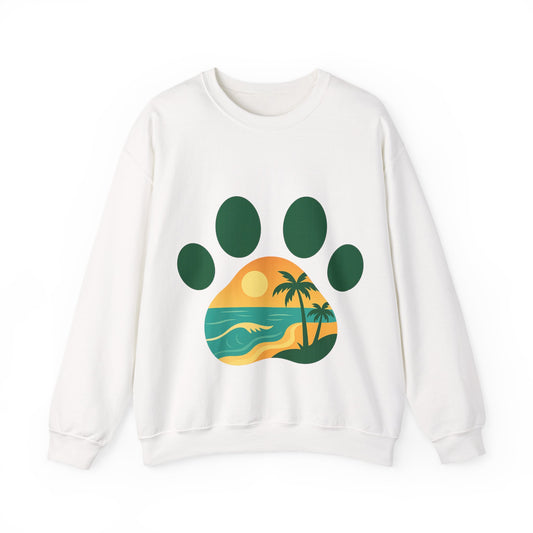 Beach Sunset Paw Print Sweatshirt, Cozy Animal Lover Crewneck, Gift for Pet Owners, Perfect for Casual Outings, Nature-Inspired Apparel