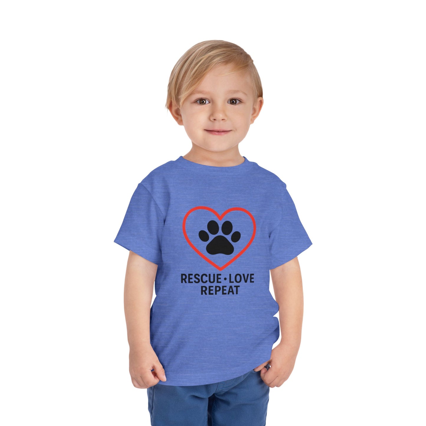Rescue Love Repeat Toddler Tee, Kids Animal Lover Shirt, Adoption Support T-Shirt, Perfect Gift for Pet Lovers, Heart Paw Print Tee