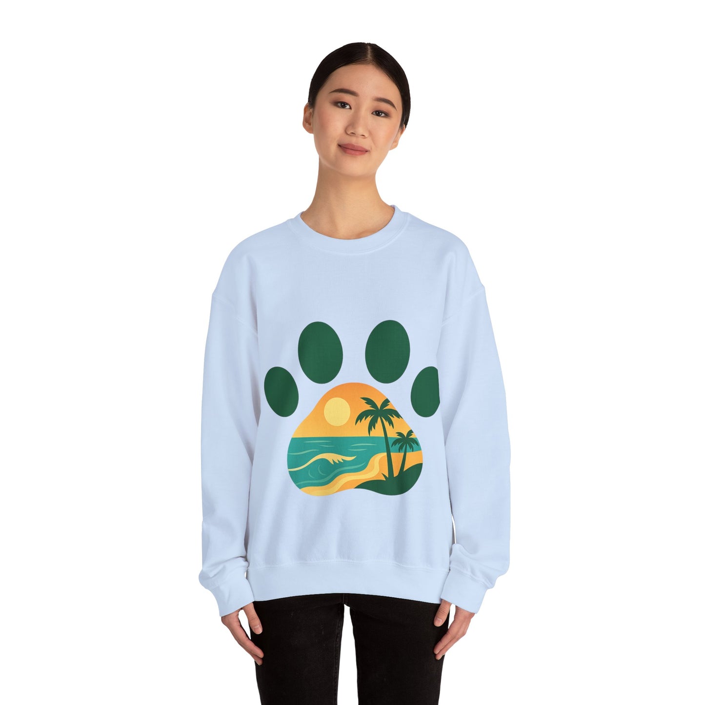 Beach Sunset Paw Print Sweatshirt, Cozy Animal Lover Crewneck, Gift for Pet Owners, Perfect for Casual Outings, Nature-Inspired Apparel