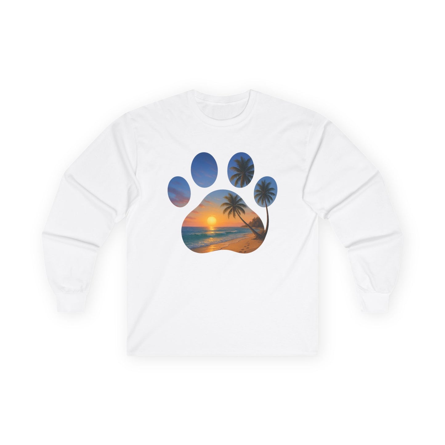 Sunset Palm Tree Paw Print Long Sleeve Tee, Unisex Pet Lover Shirt, Beach Vibes T-Shirt, Dog Lover Gift, Eco-Friendly Apparel