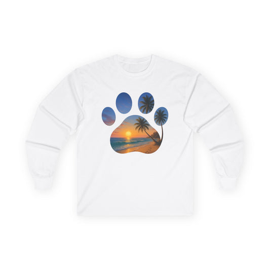 Sunset Palm Tree Paw Print Long Sleeve Tee, Unisex Pet Lover Shirt, Beach Vibes T-Shirt, Dog Lover Gift, Eco-Friendly Apparel