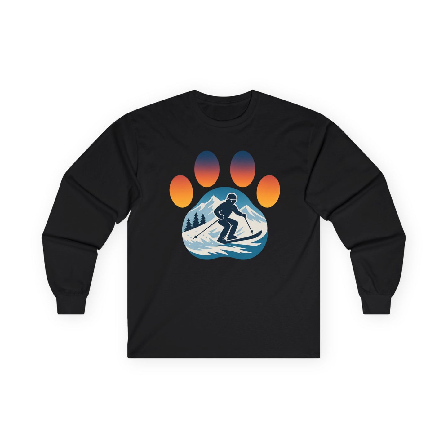 Sunset Skiing Graphic Long Sleeve Tee, Unisex Cotton Shirt, Outdoor Adventure Apparel, Winter Sports Gift, Nature Lover Clothing