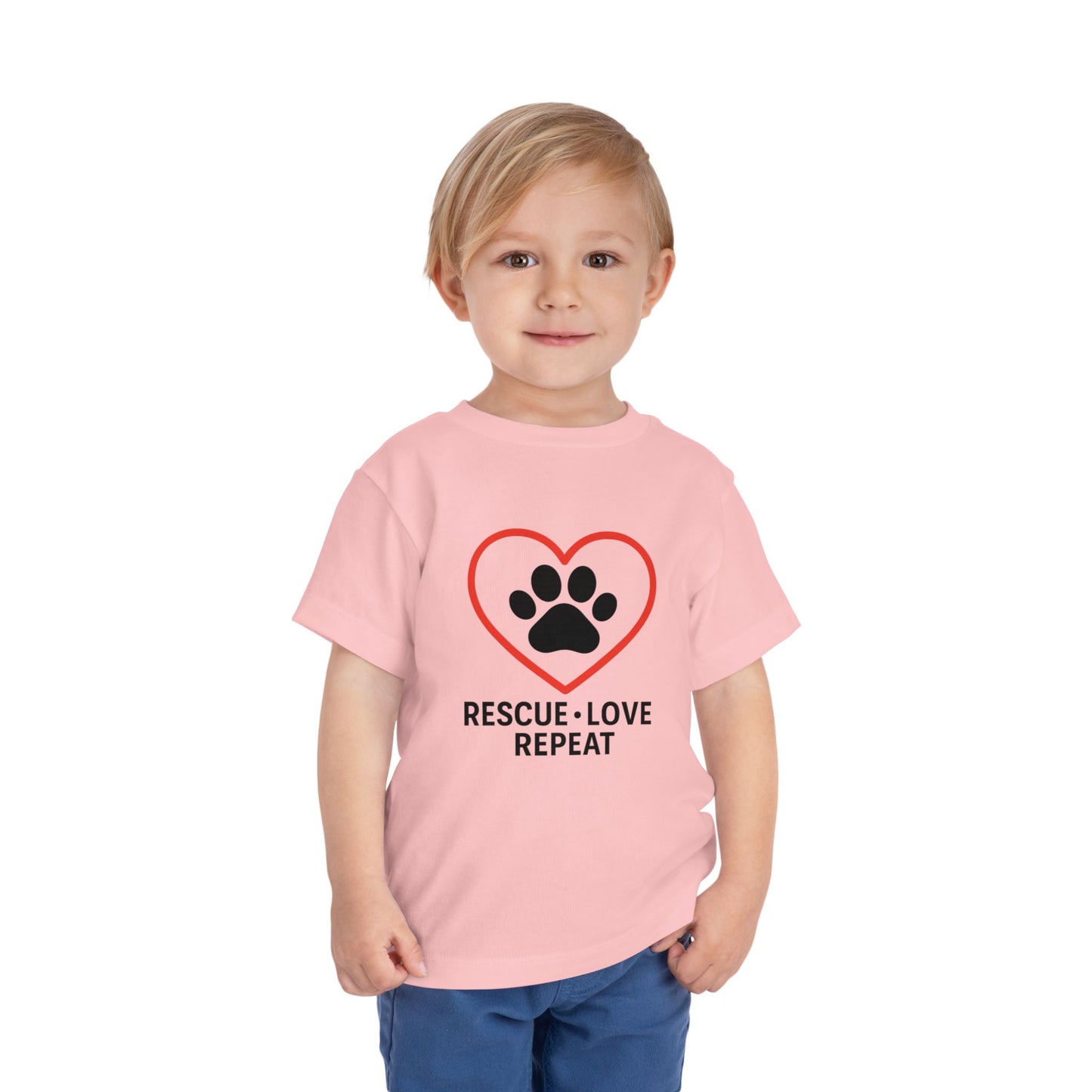 Rescue Love Repeat Toddler Tee, Kids Animal Lover Shirt, Adoption Support T-Shirt, Perfect Gift for Pet Lovers, Heart Paw Print Tee