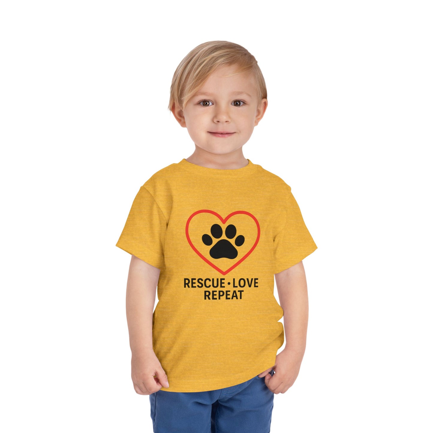 Rescue Love Repeat Toddler Tee, Kids Animal Lover Shirt, Adoption Support T-Shirt, Perfect Gift for Pet Lovers, Heart Paw Print Tee