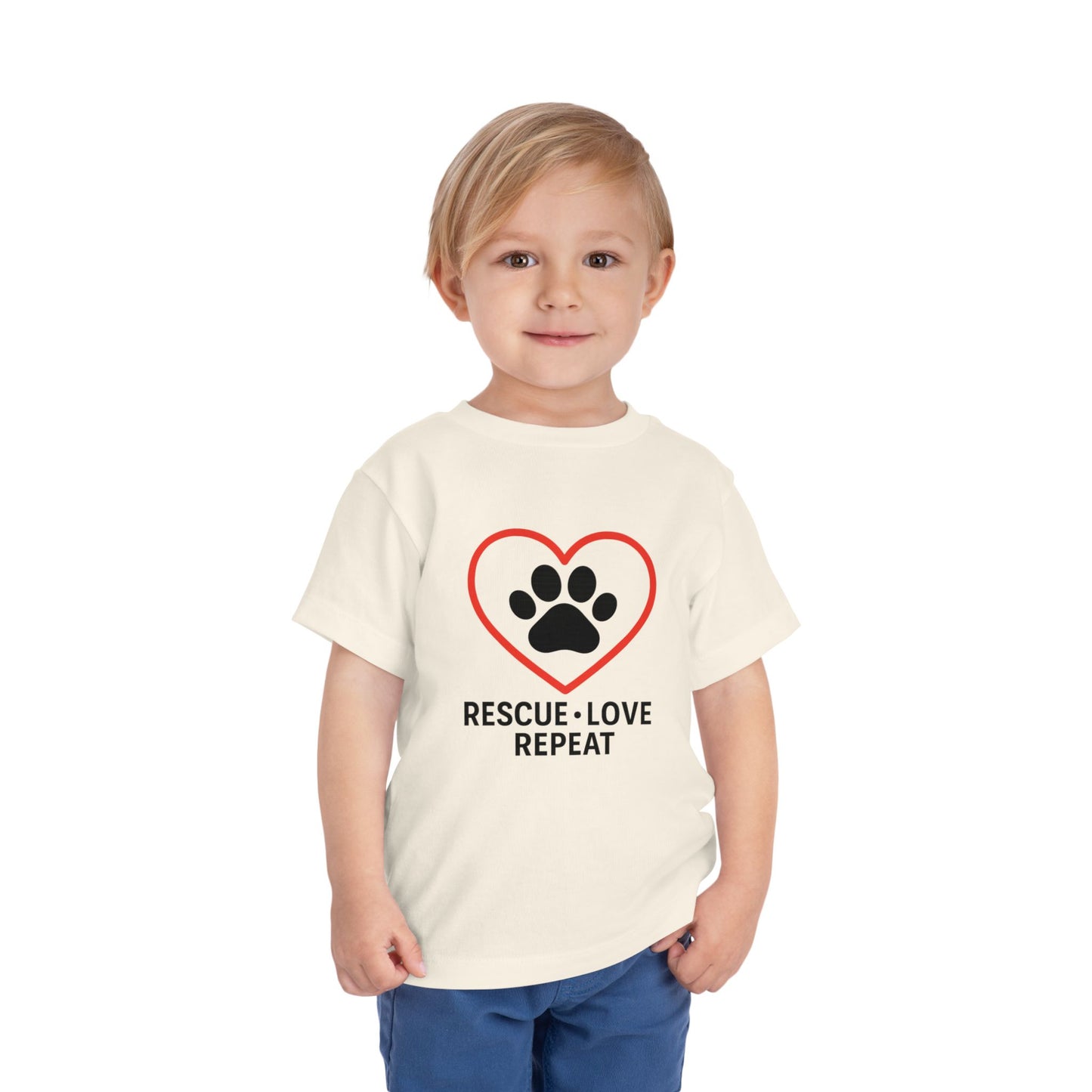 Rescue Love Repeat Toddler Tee, Kids Animal Lover Shirt, Adoption Support T-Shirt, Perfect Gift for Pet Lovers, Heart Paw Print Tee