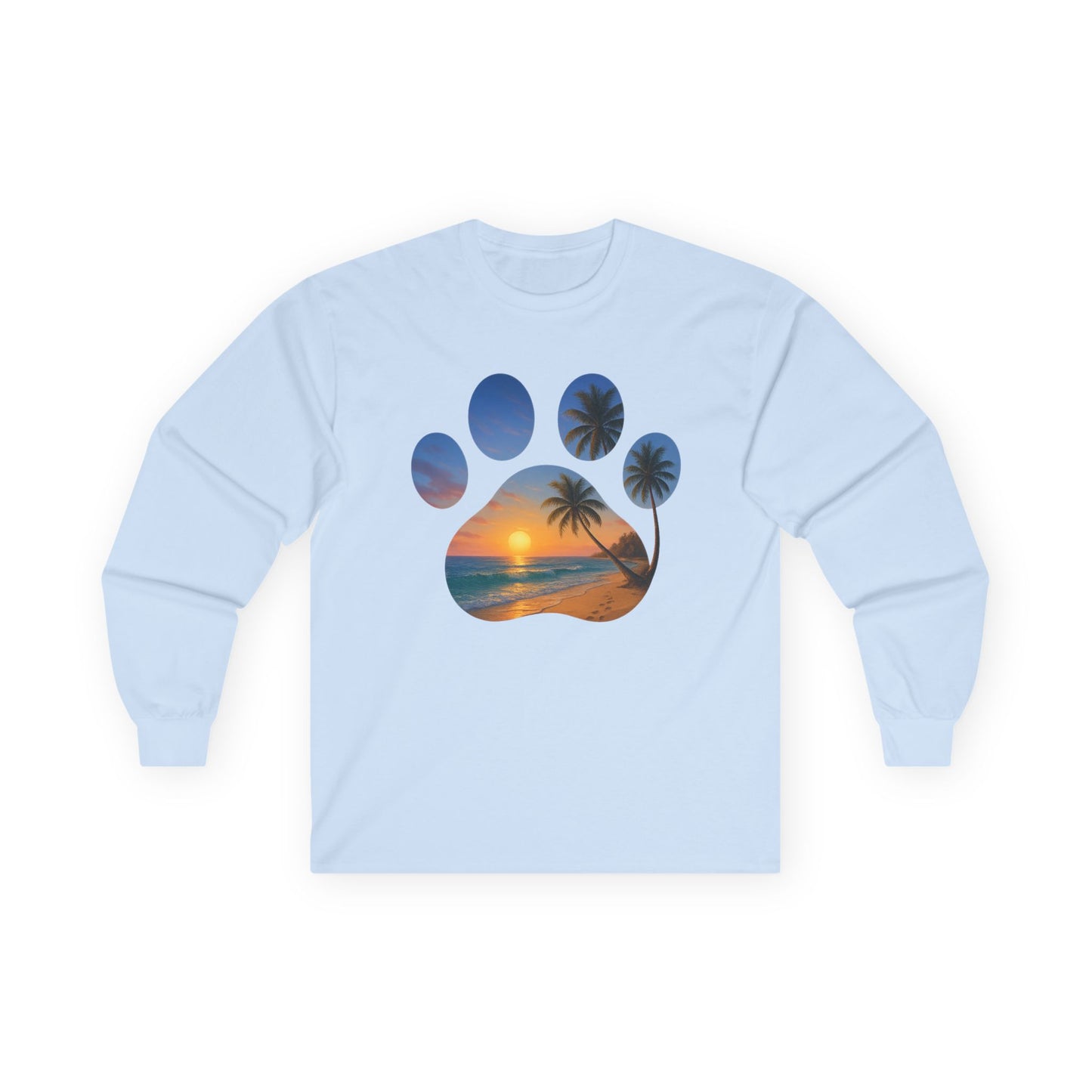 Sunset Palm Tree Paw Print Long Sleeve Tee, Unisex Pet Lover Shirt, Beach Vibes T-Shirt, Dog Lover Gift, Eco-Friendly Apparel