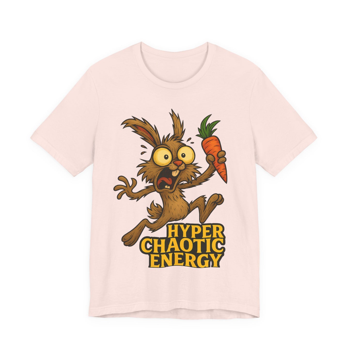 Hyper Chaotic Energy Bunny T-Shirt — Funny Cartoon Rabbit Holding Carrot Tee