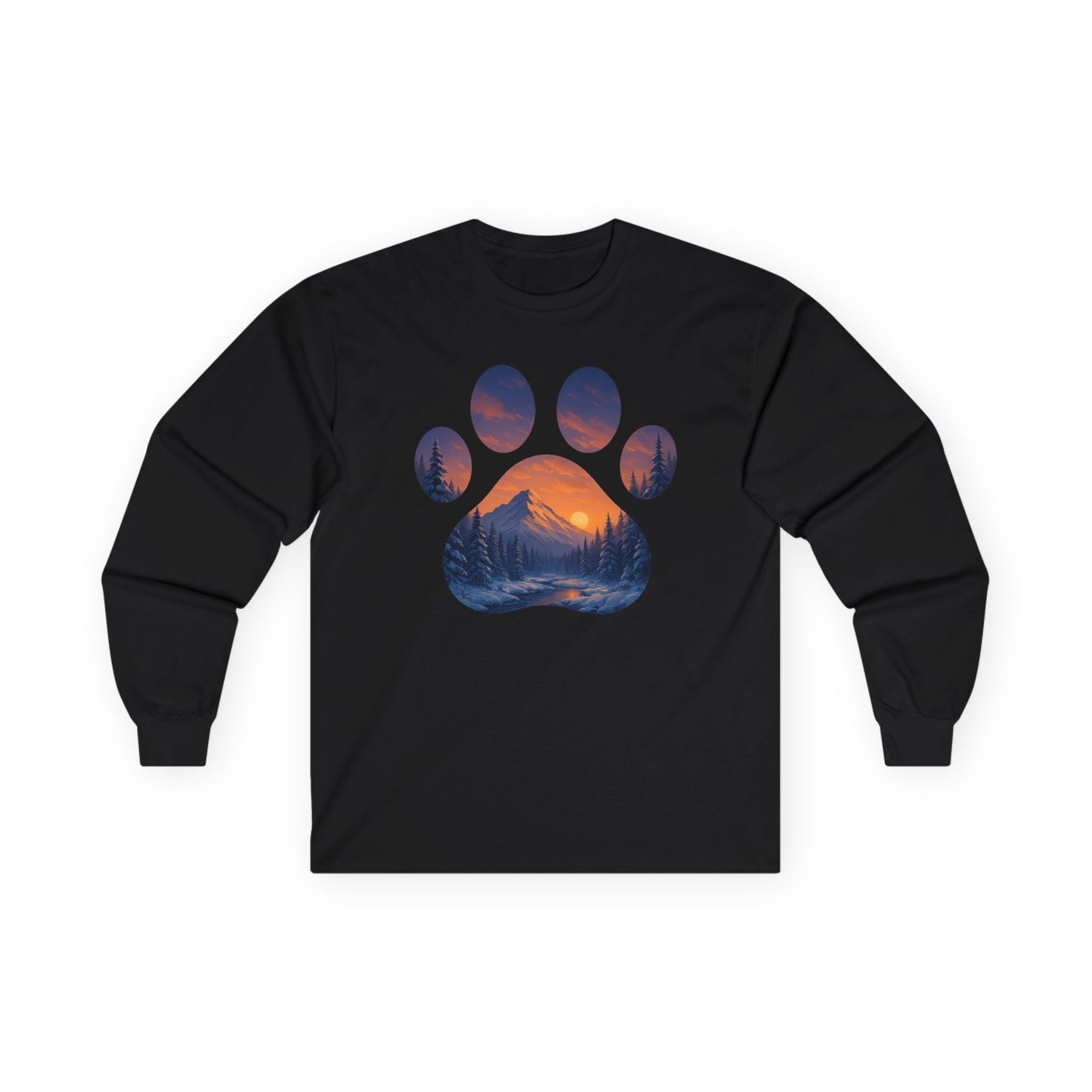 Mountain Sunset Paw Print Long Sleeve Tee - Nature Lover Gift, Pet Paw Tee, Cozy Wildlife Shirt, Casual Unisex Apparel, Gift for Dog Lovers
