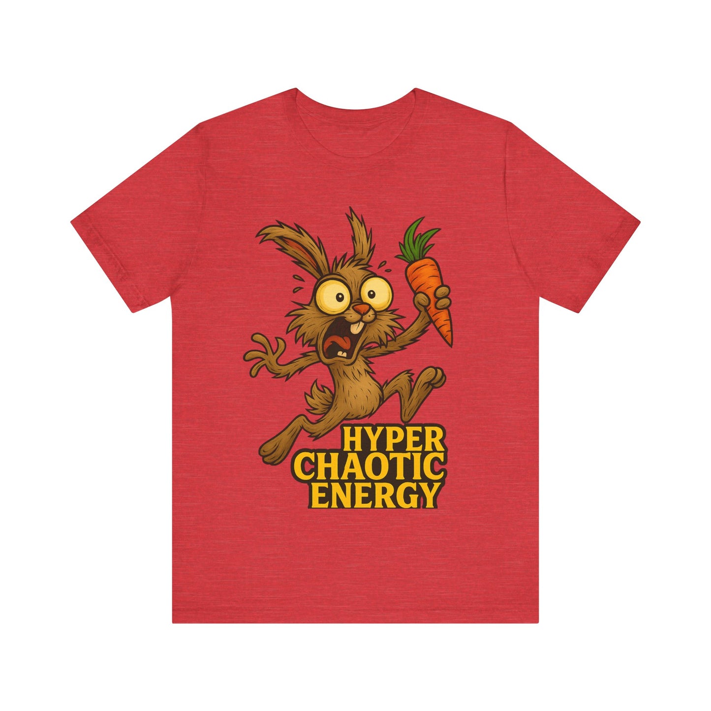 Hyper Chaotic Energy Bunny T-Shirt — Funny Cartoon Rabbit Holding Carrot Tee