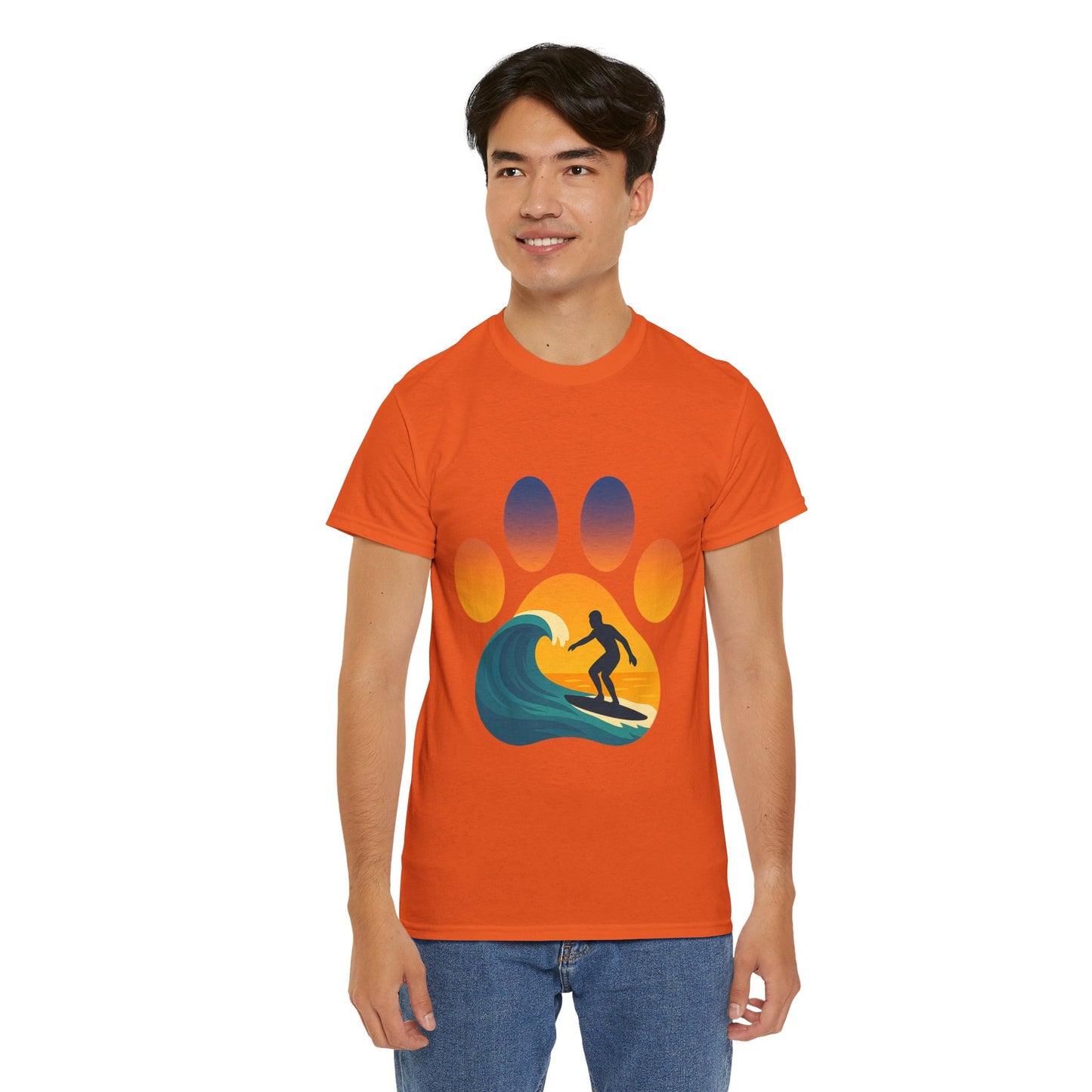 Surfing Sunset Paw Print Unisex Heavy Cotton Tee