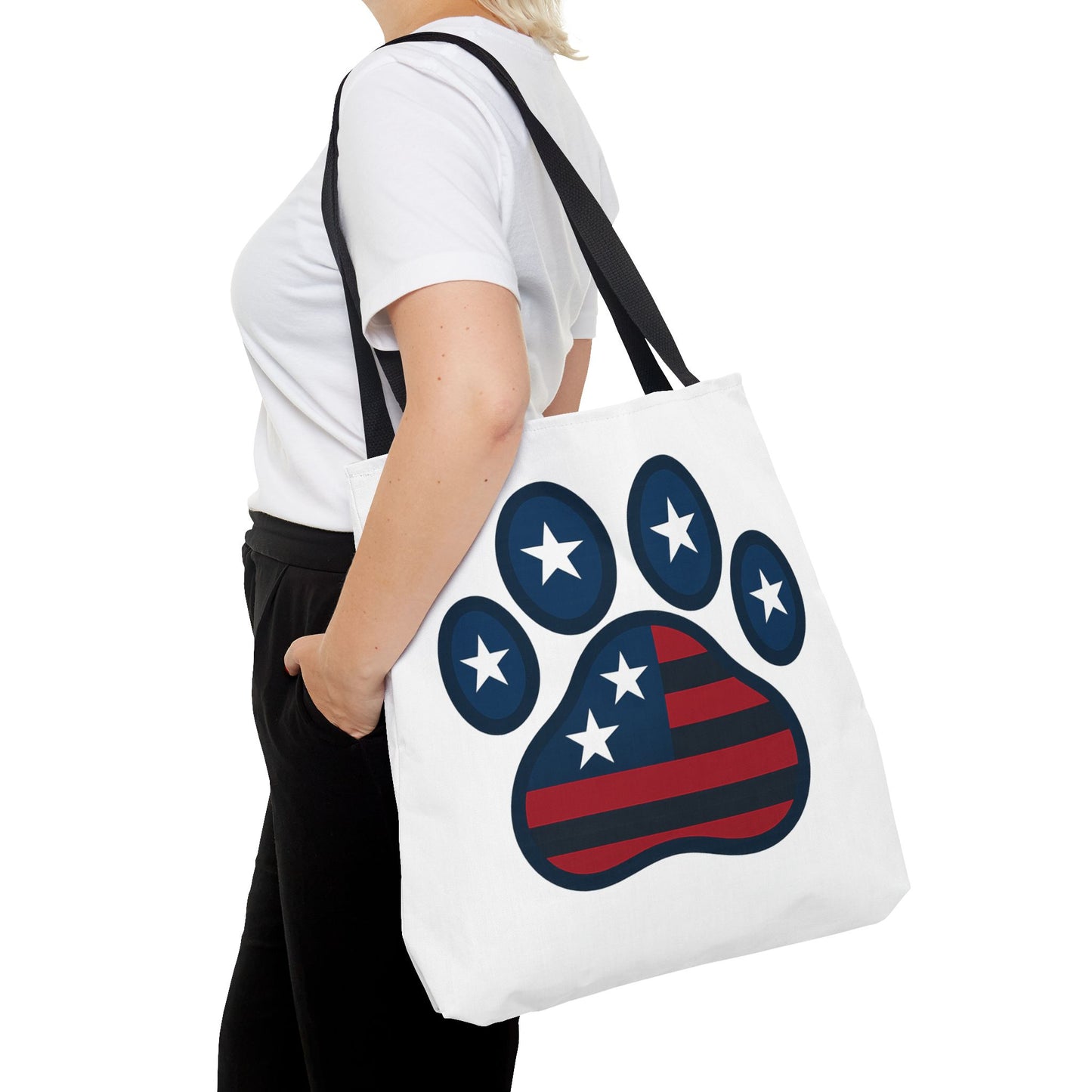 Patriotic Dog Paw Tote Bag | USA Flag Inspired | Perfect for Pet Lovers, Independence Day, Gift for Dog Moms, Eco-Friendly, AOP