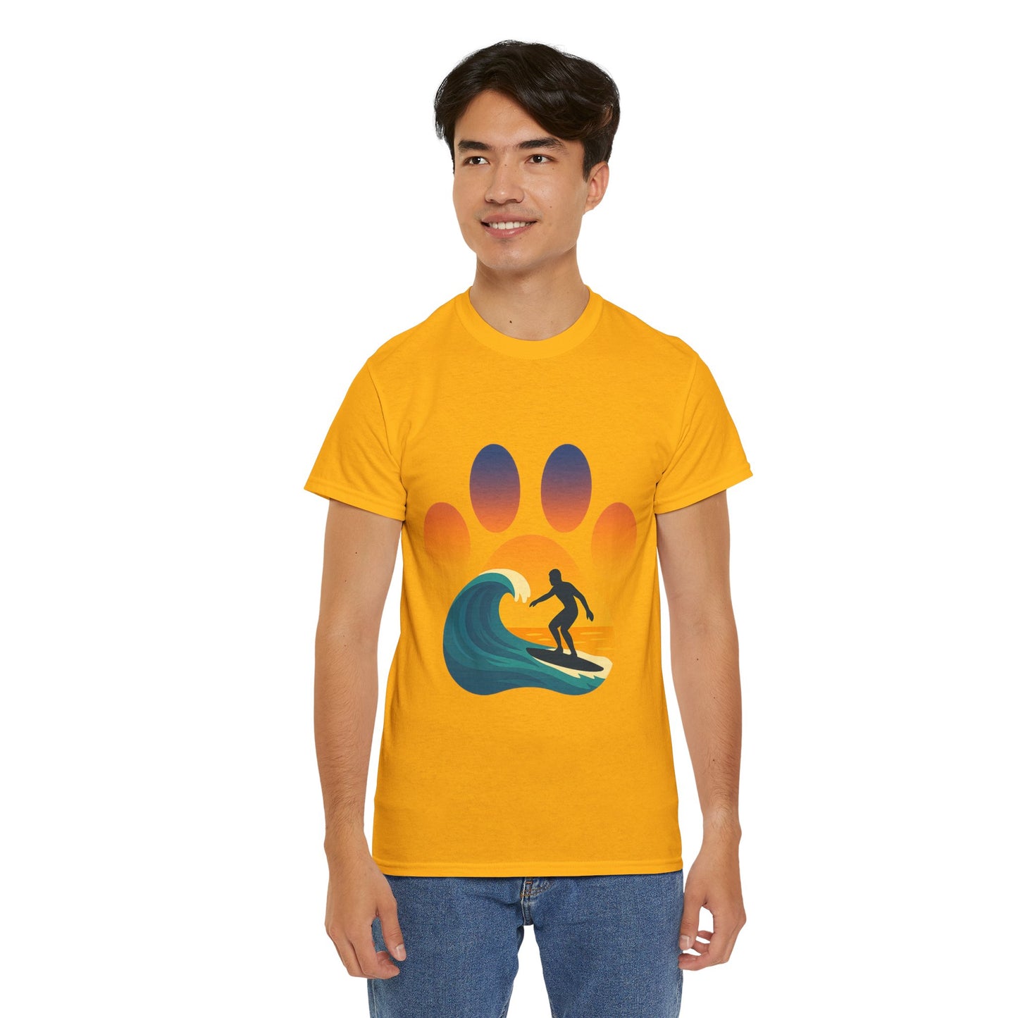 Surfing Sunset Paw Print Unisex Heavy Cotton Tee