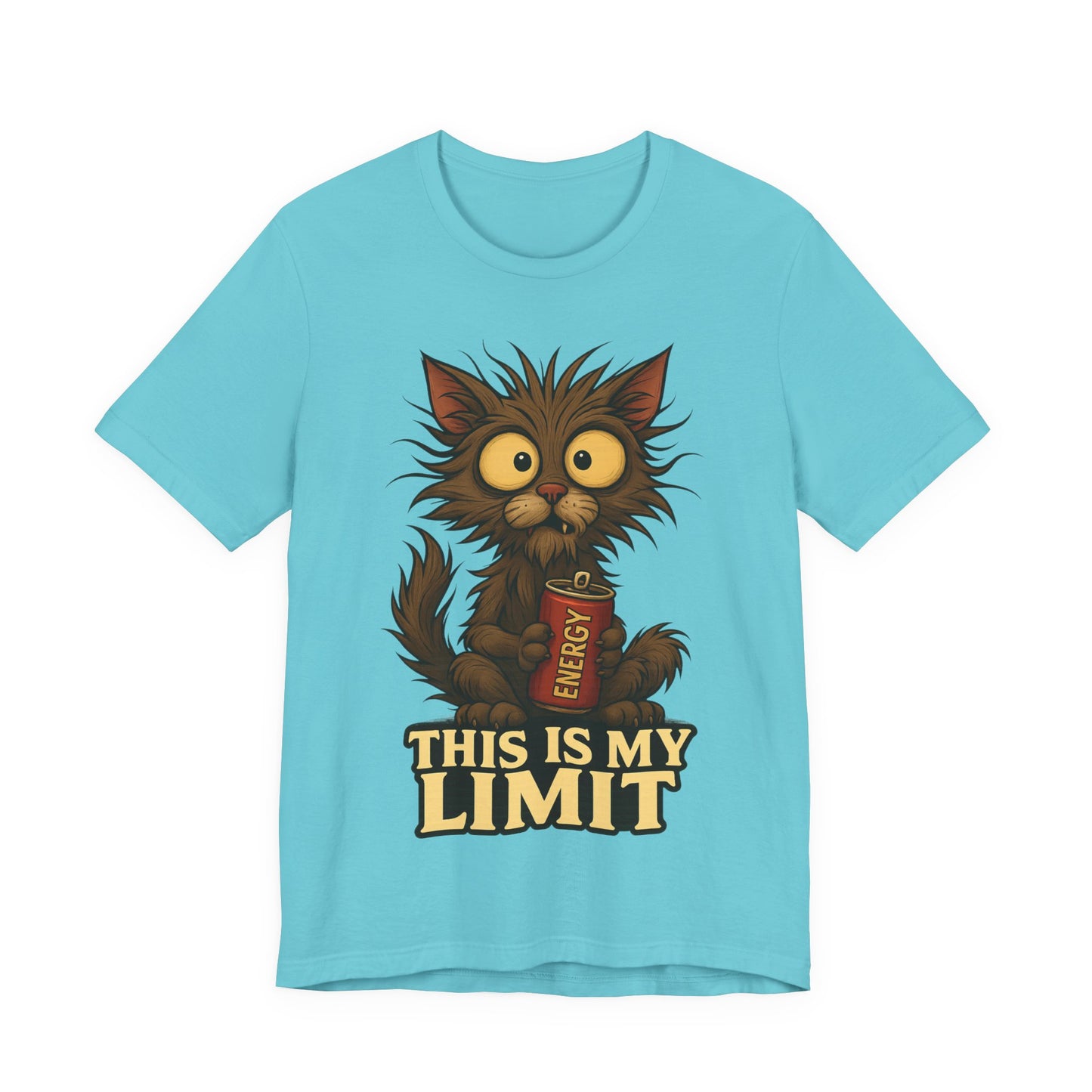 This Is My Limit Cat Tee - Cute Wide-Eyed Cat Holding Energy Drink Graphic T-Shirt