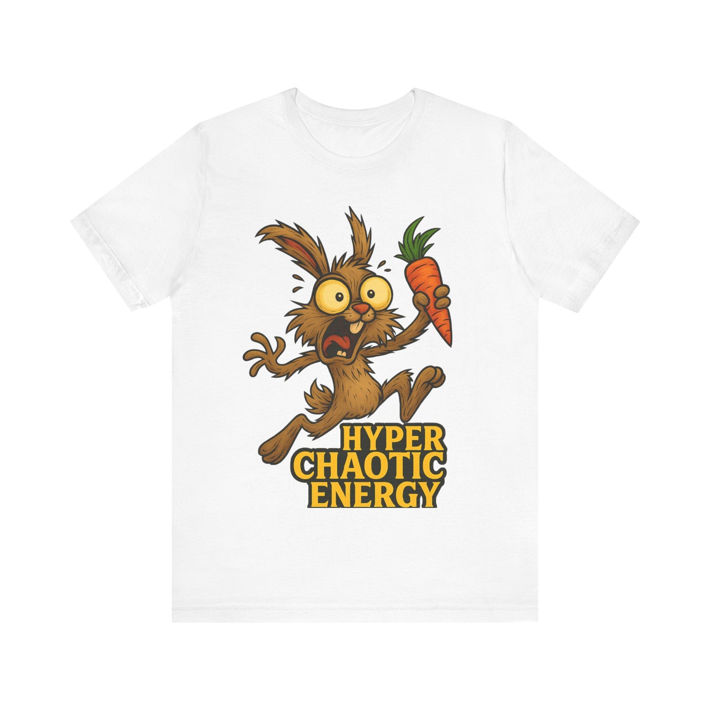 Hyper Chaotic Energy Bunny T-Shirt — Funny Cartoon Rabbit Holding Carrot Tee