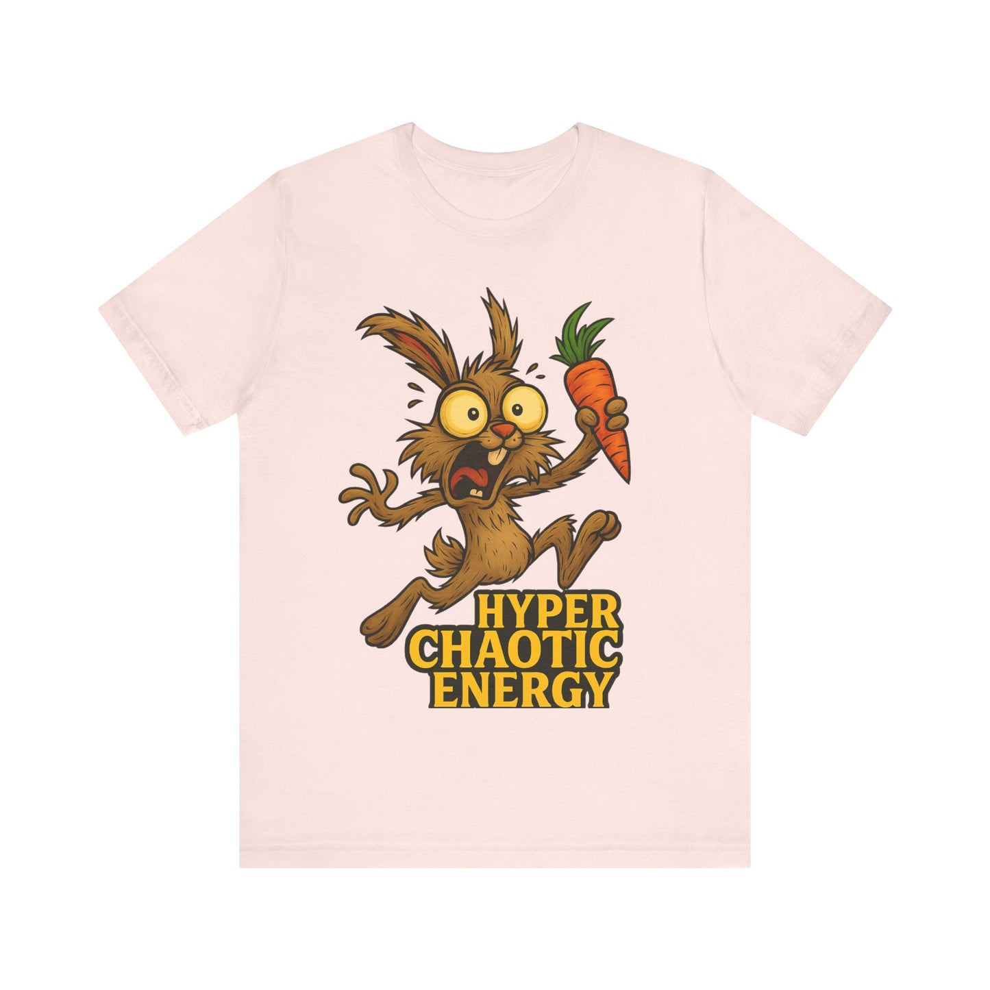Hyper Chaotic Energy Bunny T-Shirt — Funny Cartoon Rabbit Holding Carrot Tee