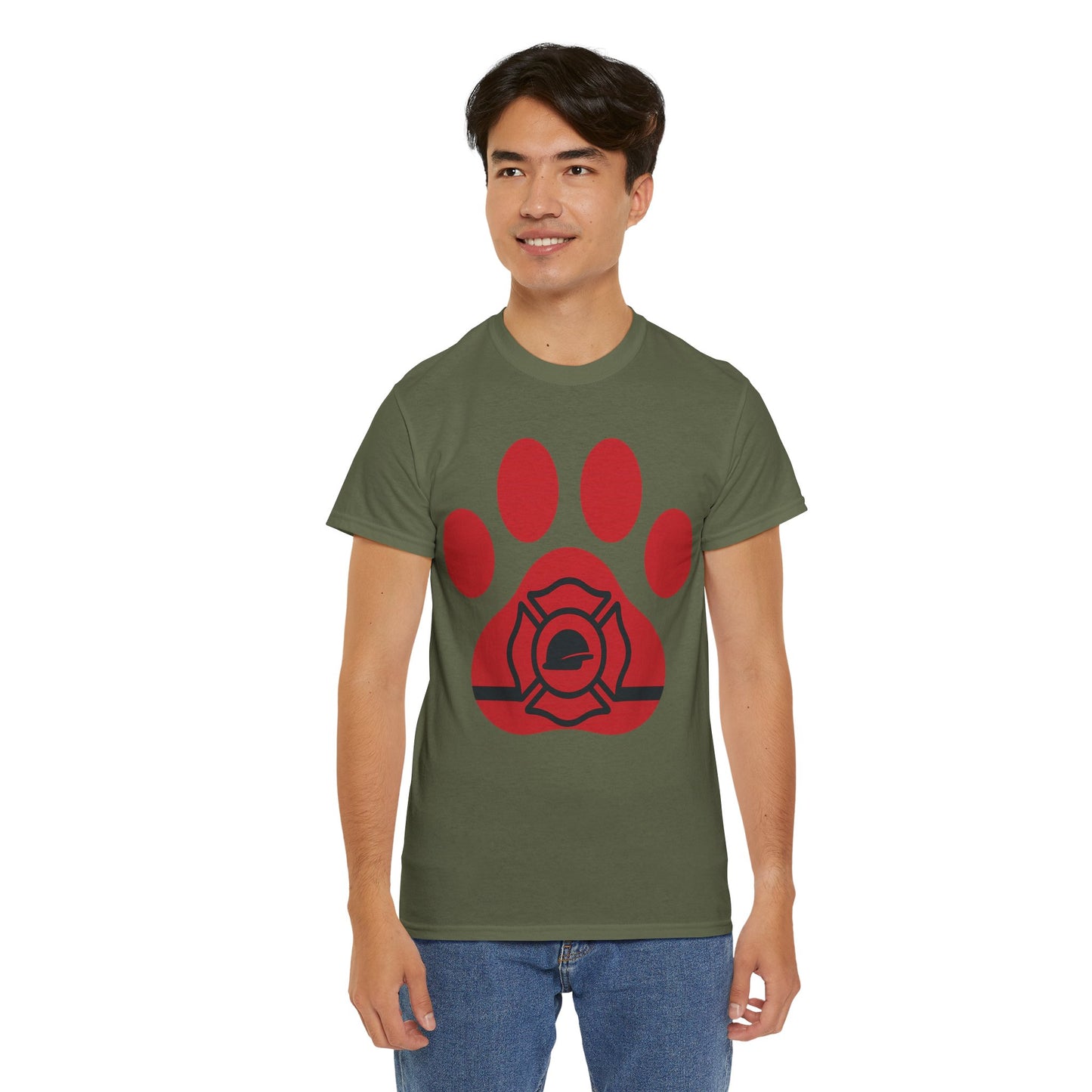 Firefighter Paw Print Tee, Unisex Heavy Cotton T-Shirt, Animal Lover Gift, Firefighter Appreciation, Casual Wear, Pet Lover Apparel
