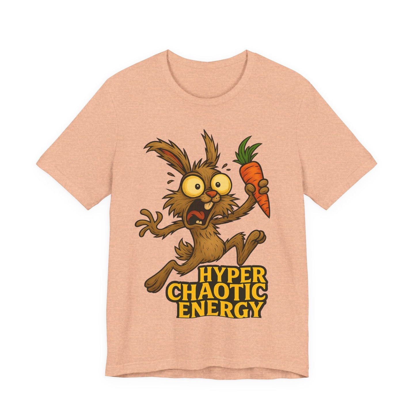 Hyper Chaotic Energy Bunny T-Shirt — Funny Cartoon Rabbit Holding Carrot Tee
