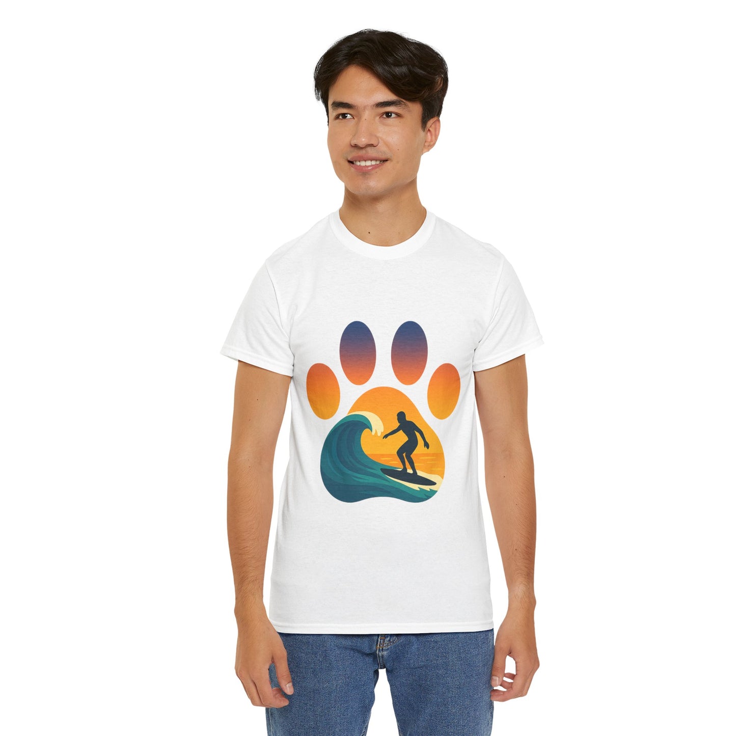 Surfing Sunset Paw Print Unisex Heavy Cotton Tee