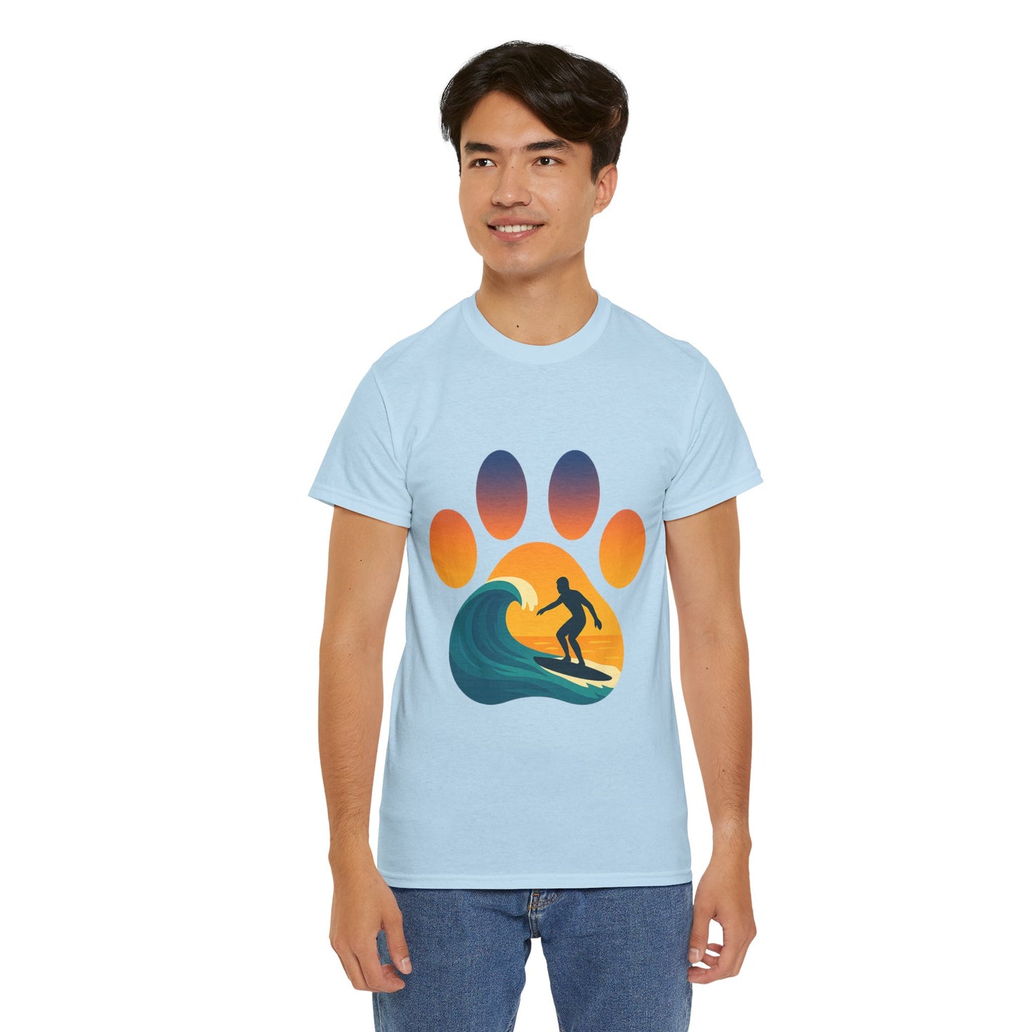 Surfing Sunset Paw Print Unisex Heavy Cotton Tee