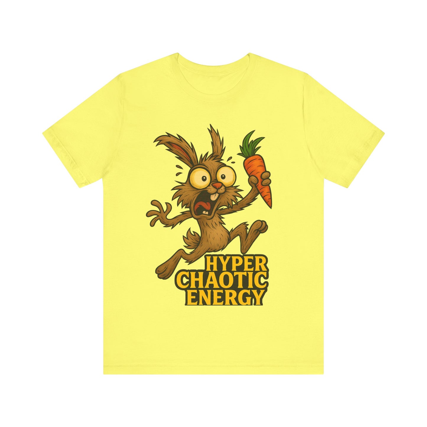 Hyper Chaotic Energy Bunny T-Shirt — Funny Cartoon Rabbit Holding Carrot Tee