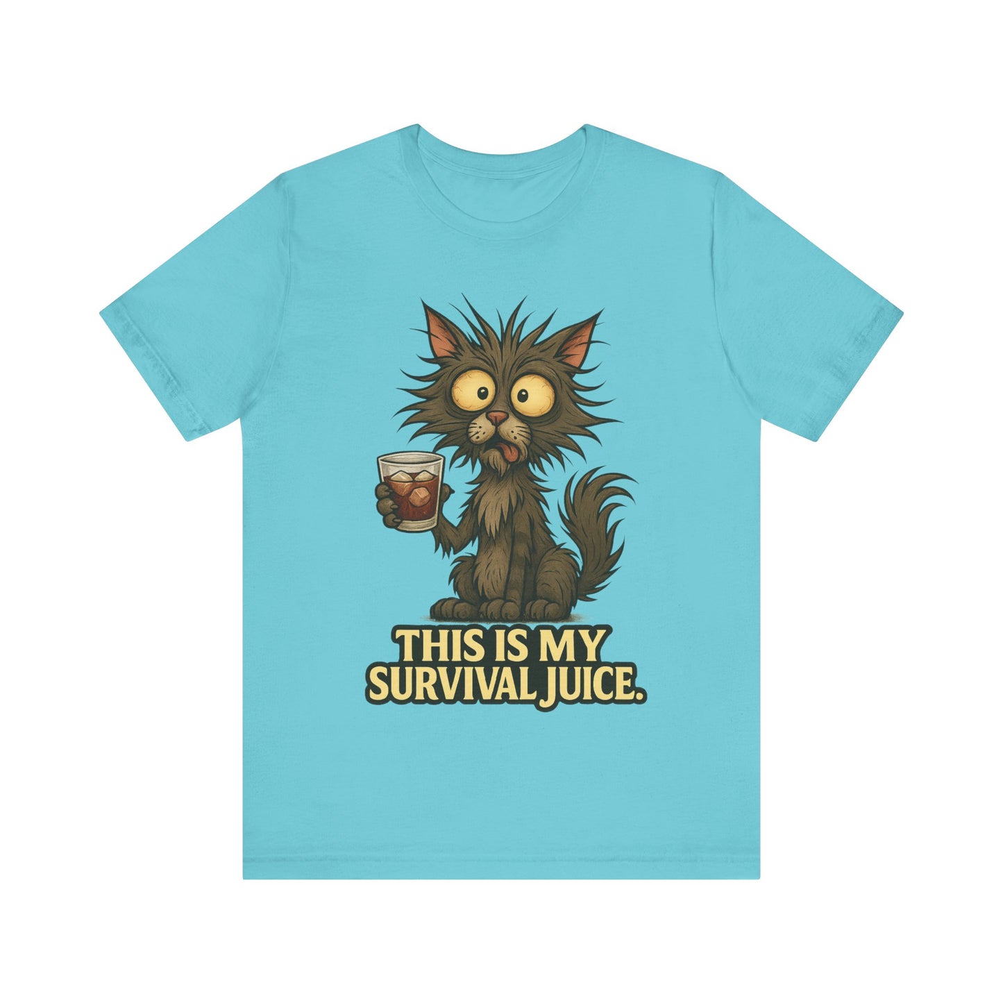 Coffee Cat T‑Shirt — "This Is My Survival Juice" Funny Cat Coffee Tee