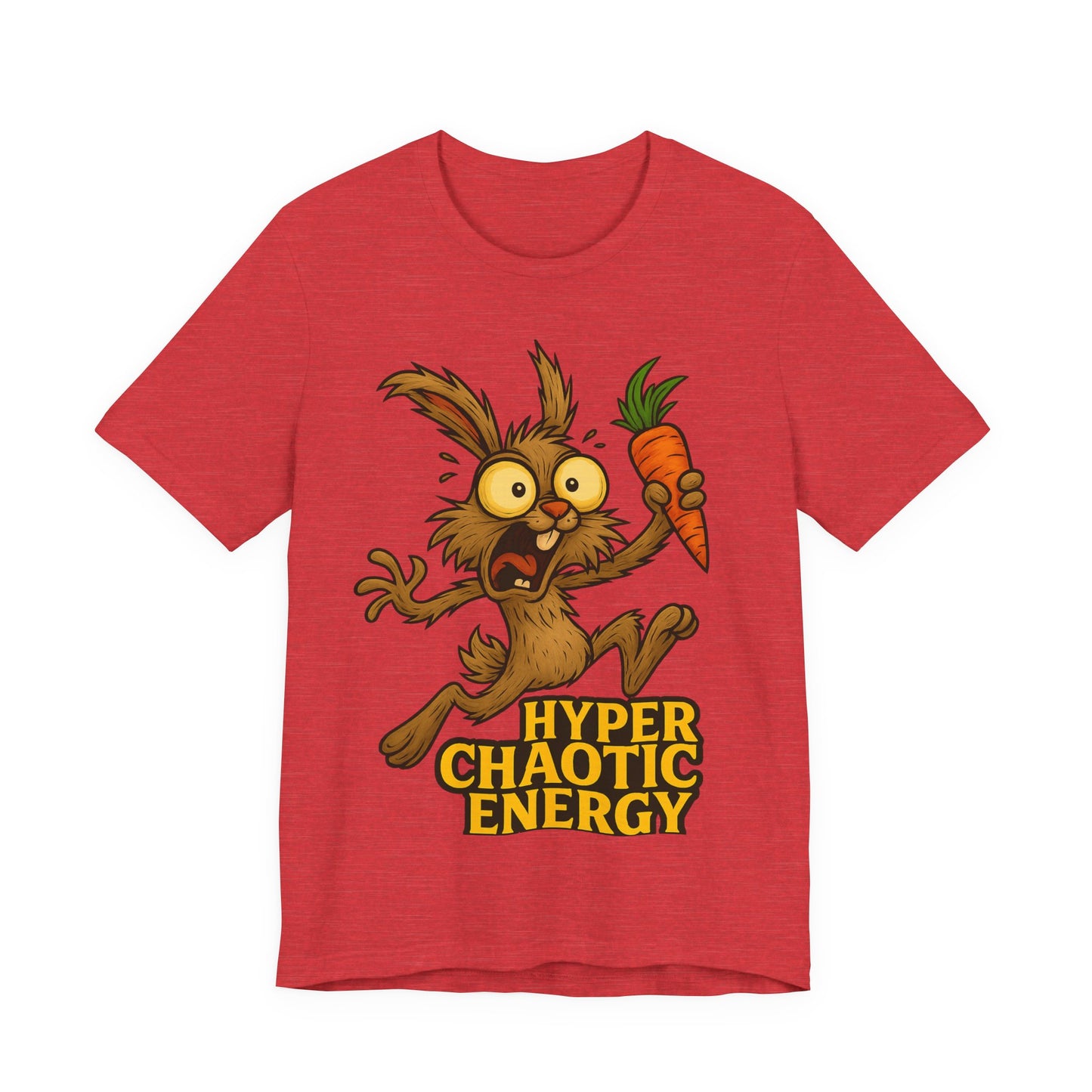 Hyper Chaotic Energy Bunny T-Shirt — Funny Cartoon Rabbit Holding Carrot Tee