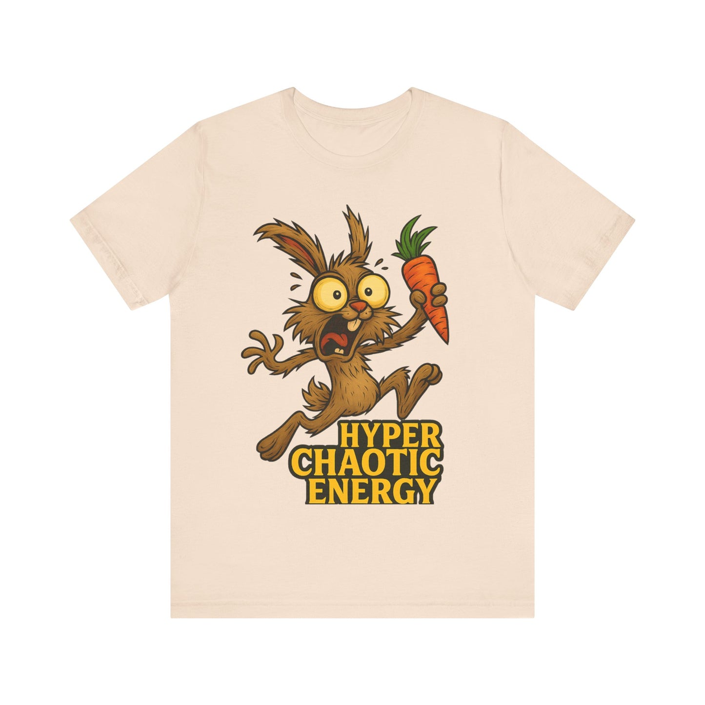 Hyper Chaotic Energy Bunny T-Shirt — Funny Cartoon Rabbit Holding Carrot Tee