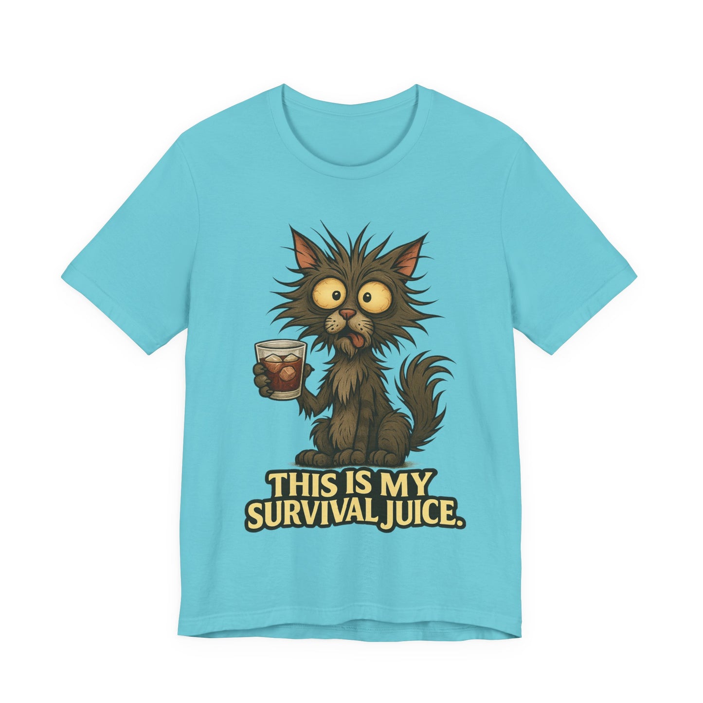 Coffee Cat T‑Shirt — "This Is My Survival Juice" Funny Cat Coffee Tee