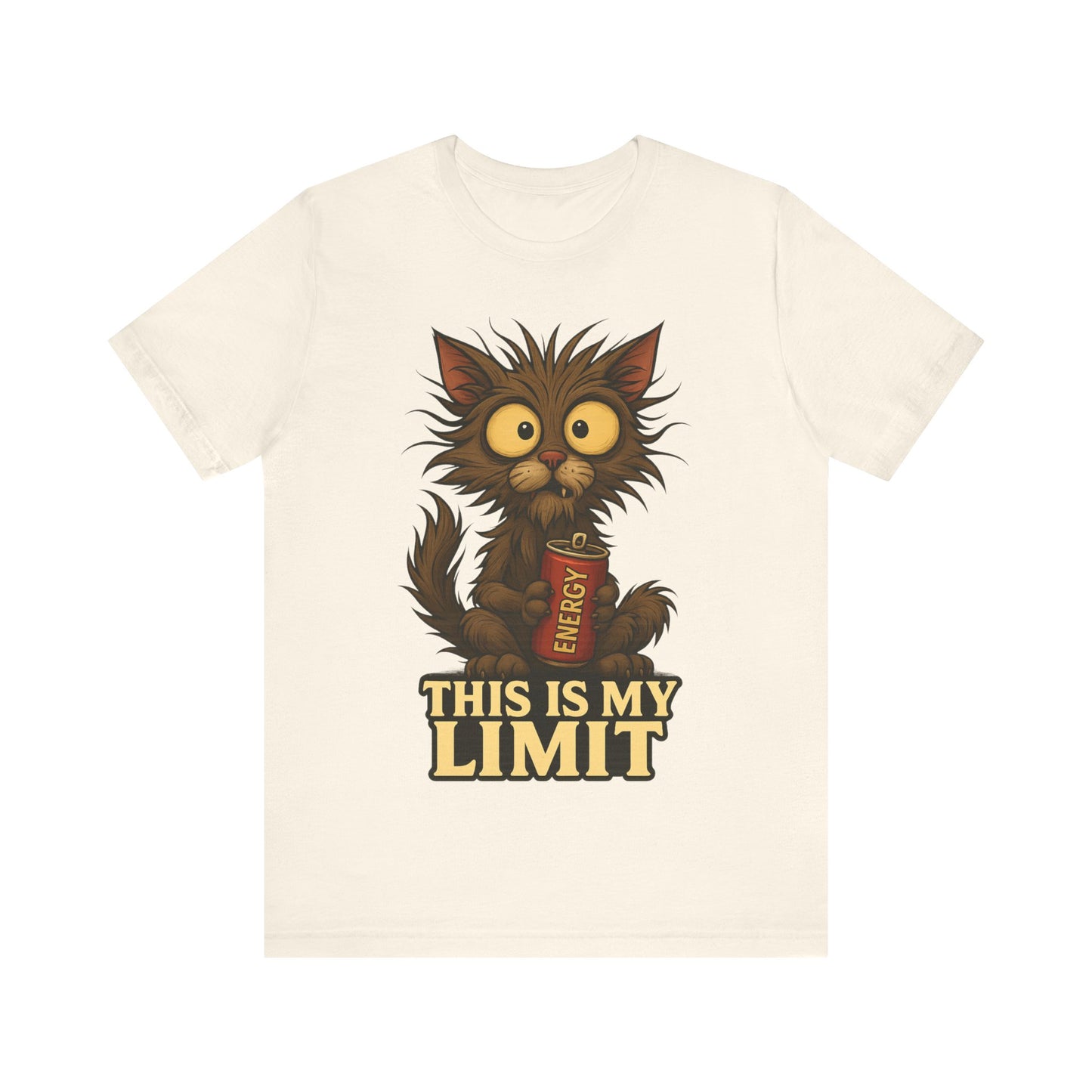 This Is My Limit Cat Tee - Cute Wide-Eyed Cat Holding Energy Drink Graphic T-Shirt