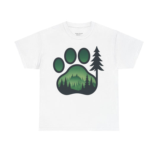 Eco-Friendly Unisex Cotton Tee with Forest and Paw Print Design, Nature Lover Gift, Animal Advocacy T-Shirt, Adventure Wear, Casual Outfit
