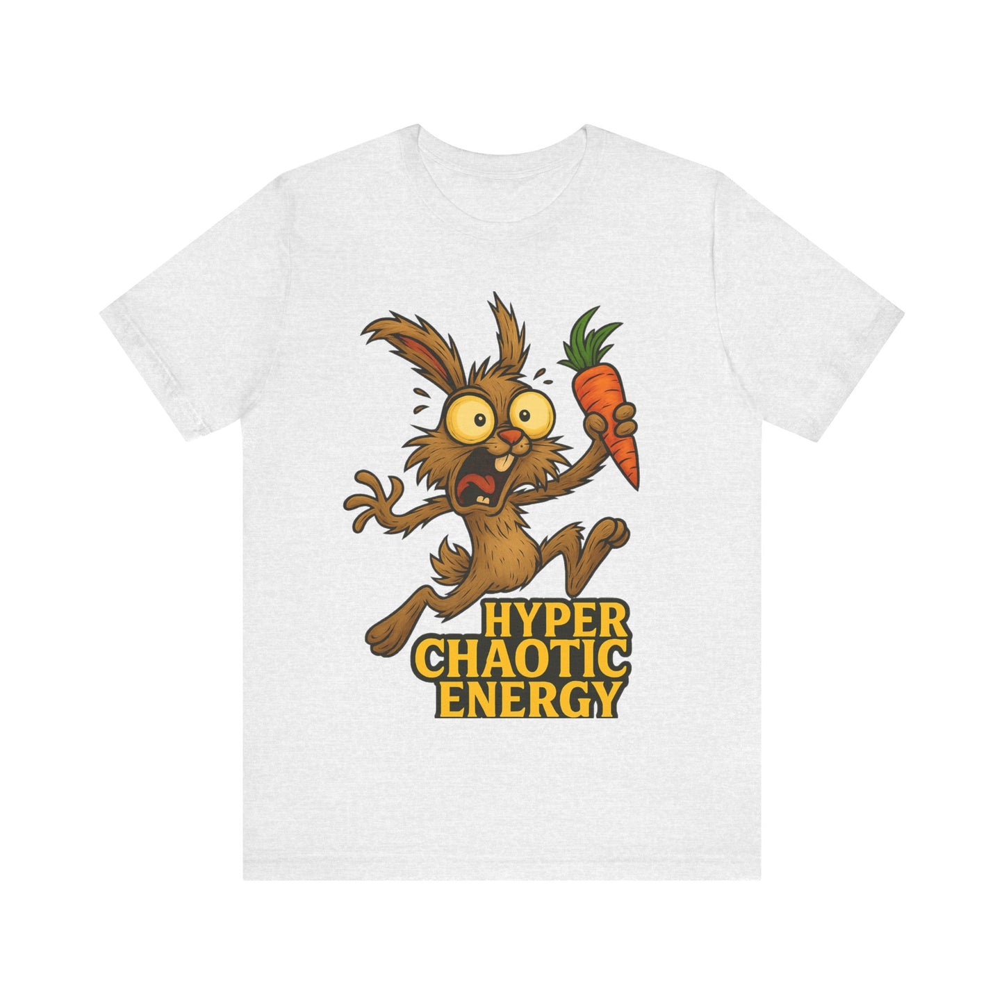 Hyper Chaotic Energy Bunny T-Shirt — Funny Cartoon Rabbit Holding Carrot Tee