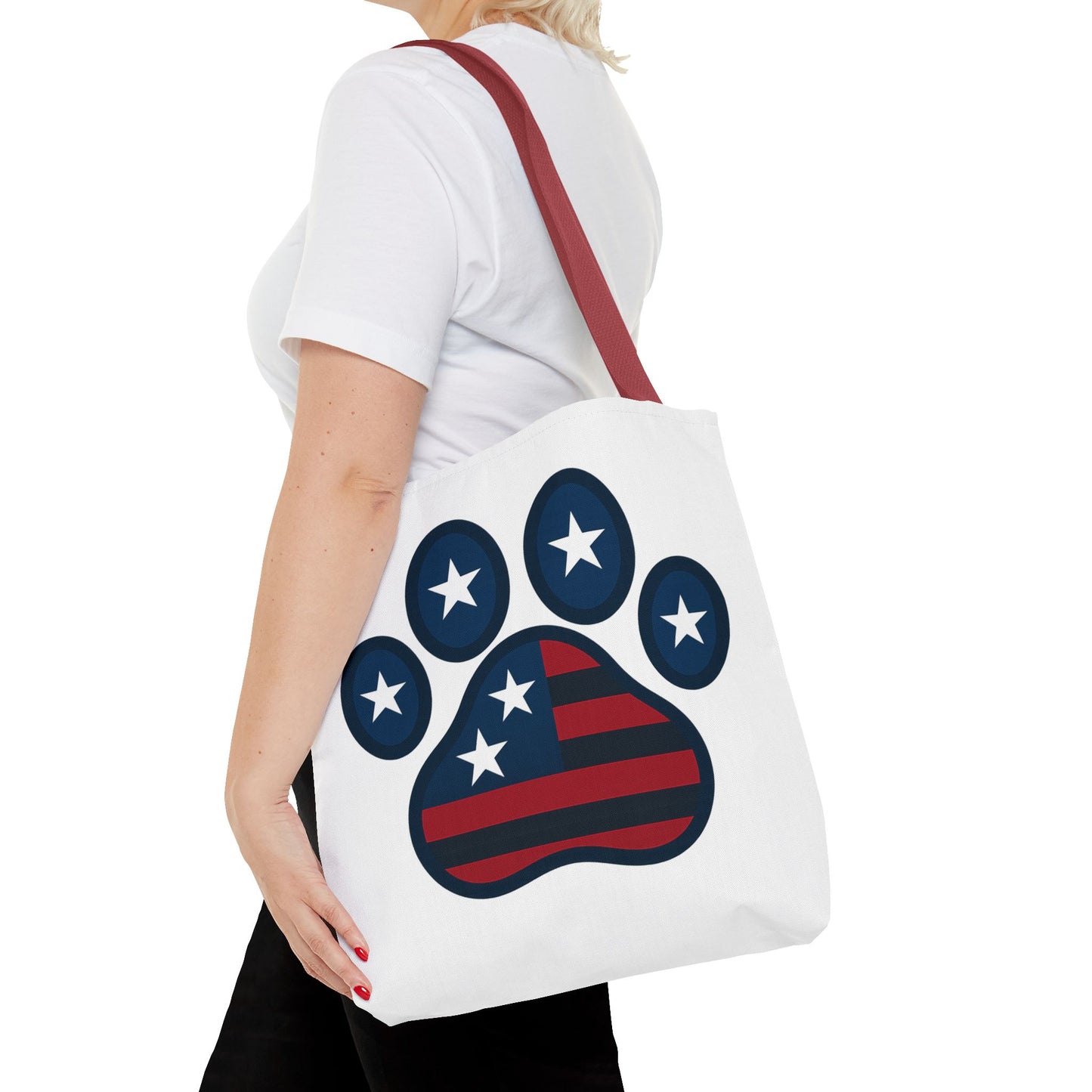 Patriotic Dog Paw Tote Bag | USA Flag Inspired | Perfect for Pet Lovers, Independence Day, Gift for Dog Moms, Eco-Friendly, AOP