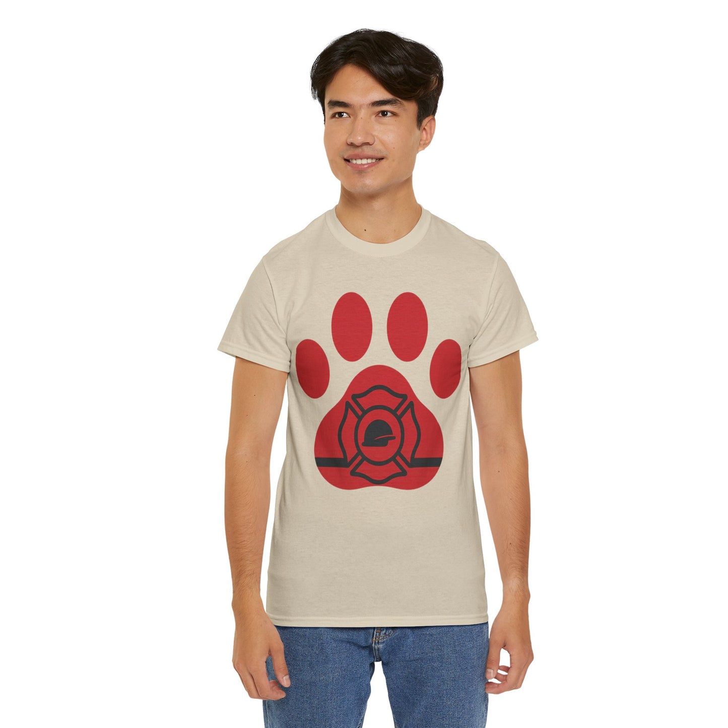 Firefighter Paw Print Tee, Unisex Heavy Cotton T-Shirt, Animal Lover Gift, Firefighter Appreciation, Casual Wear, Pet Lover Apparel