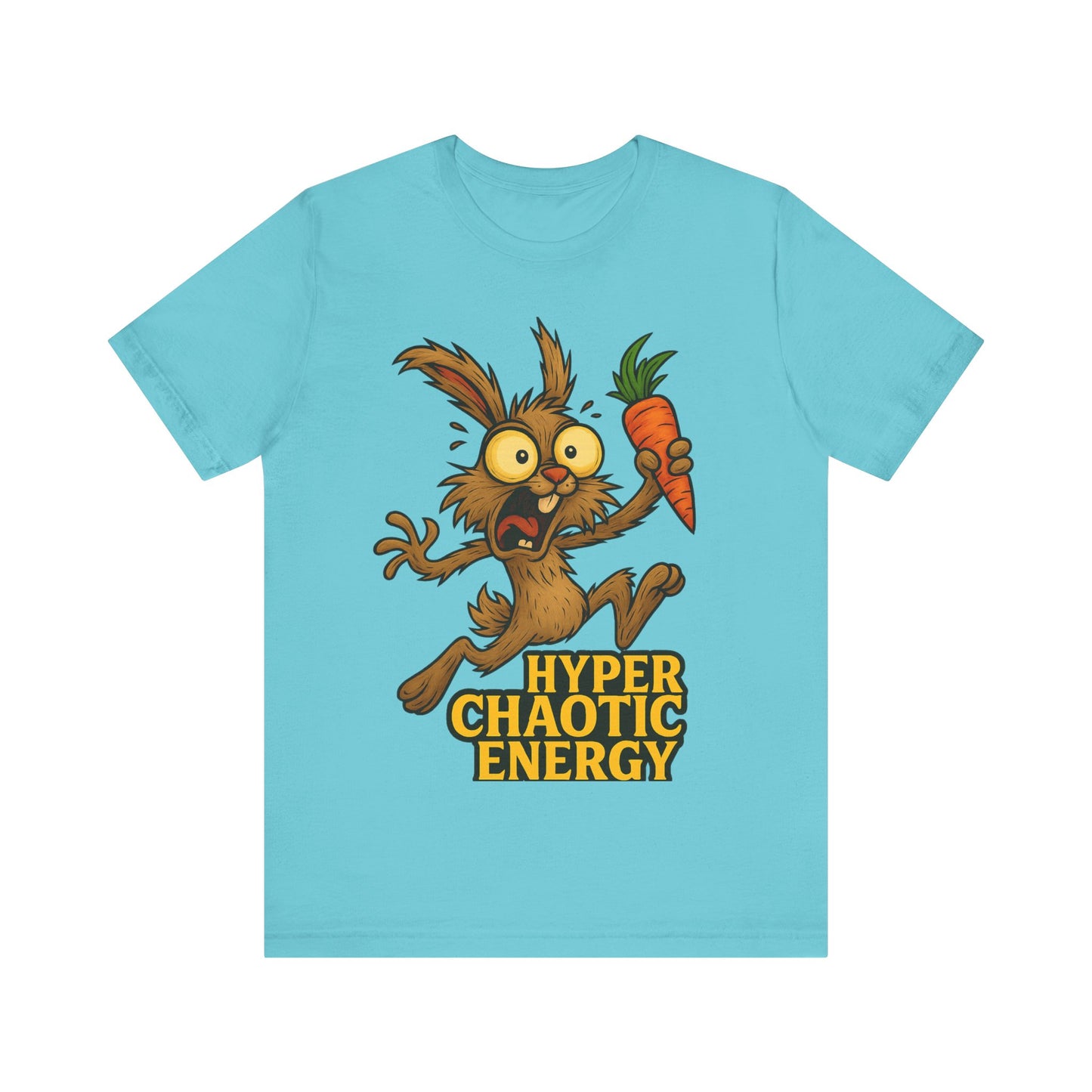 Hyper Chaotic Energy Bunny T-Shirt — Funny Cartoon Rabbit Holding Carrot Tee