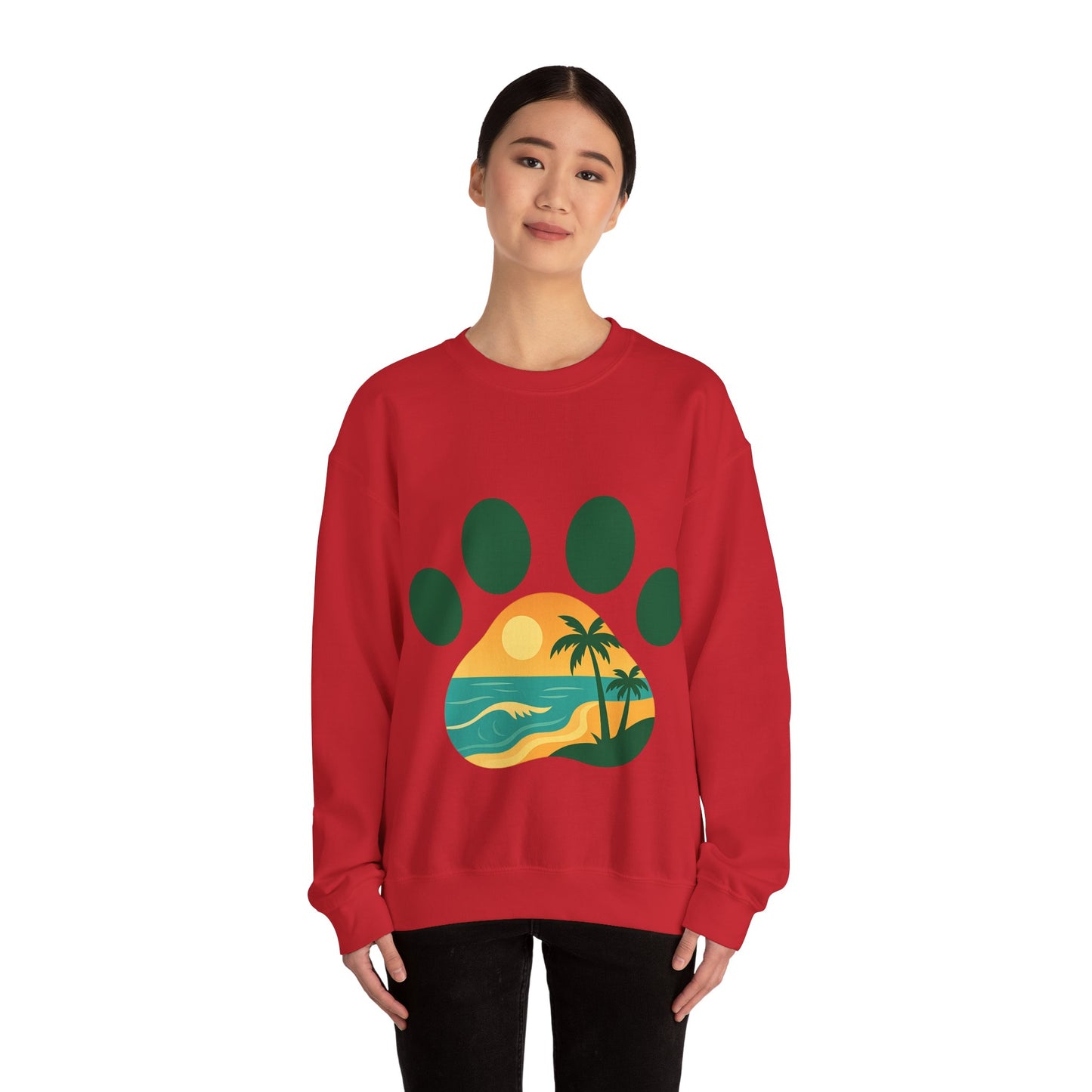 Beach Sunset Paw Print Sweatshirt, Cozy Animal Lover Crewneck, Gift for Pet Owners, Perfect for Casual Outings, Nature-Inspired Apparel